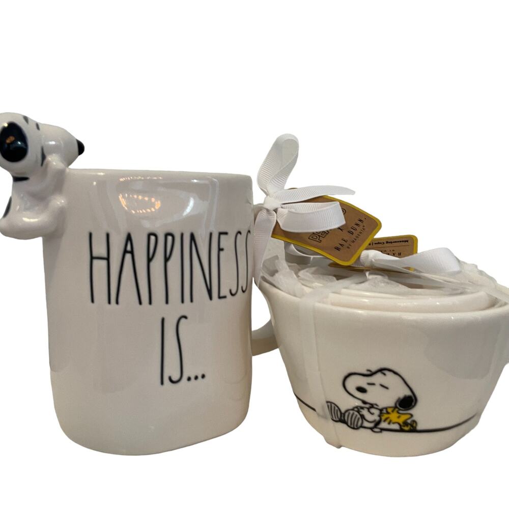 NEW Rae Dunn Peanuts Snoopy Happiness Is...Coffee Mug and Measuring Cup Gift Set